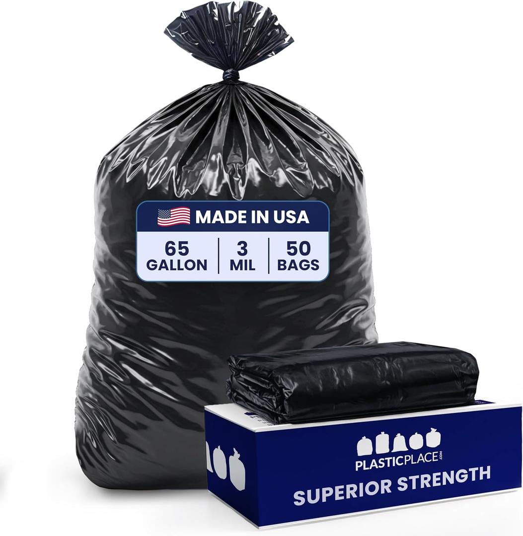 Plasticplace 65 Gallon Trash Bags │ 3.0 Mil │ Black Heavy Duty Garbage Can Liners │ 50” X 48” (50Count)