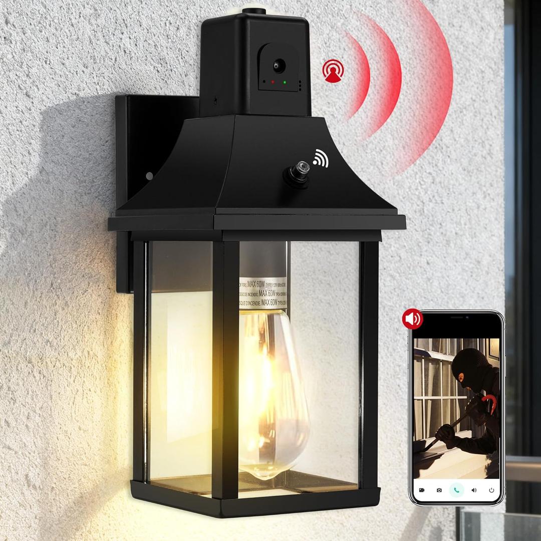 HIHUOS Porch Light with Security Camera Built in Dusk to Dawn Outdoor Lighting - Waterproof Outside Lights Fixture Wall Mount- Exterior Lights for House Garage Front Door,Black