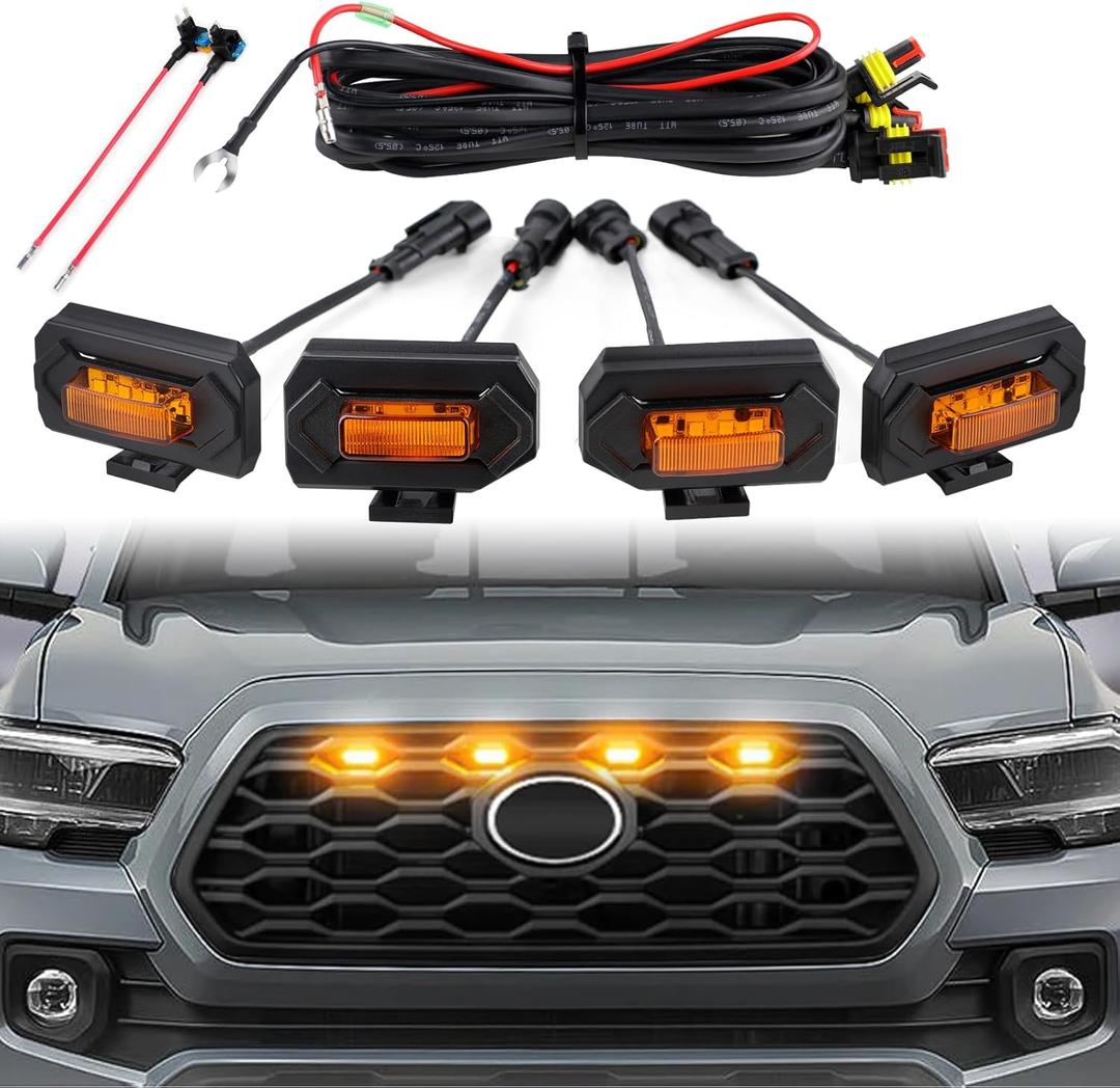 Seven Sparta 4 PCS Grill Led Lights with Fuse Adaptor Compatible with 2020-2023 Toyota Tacoma TRD Off Road & Sport OEM Front Grille, Half-Cover (Amber Light with Amber Shell)
