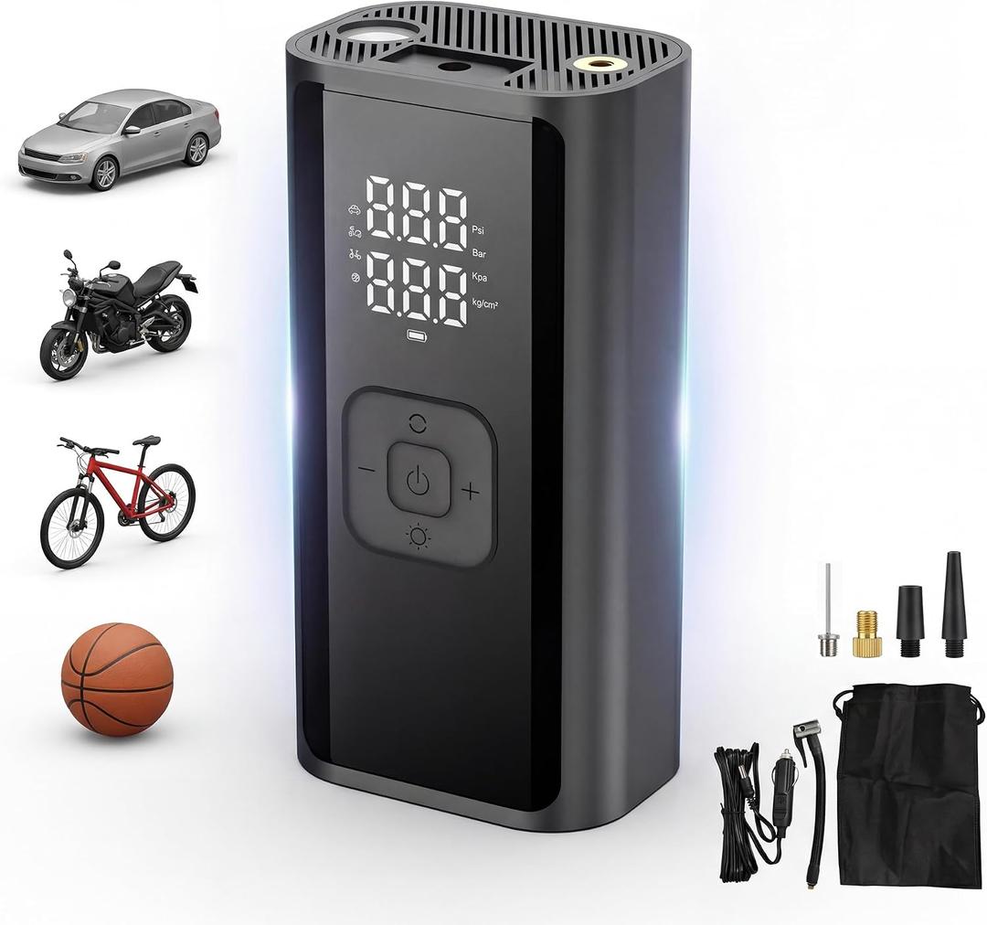 Tire Inflator Portable Air Compressor, 150 PSI 12V DC Corded Car Air Pump with Auto Shut-Off, Digital Display, LED Emergency Light, 3m Power Cord for Car, Motorcycle, Bike, Balls