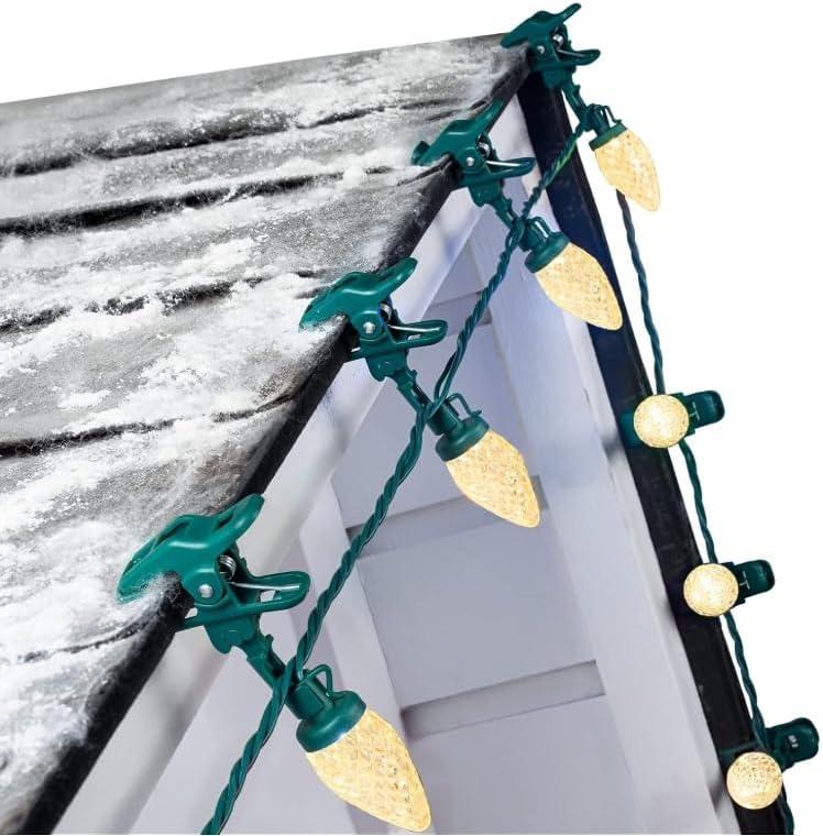 C9 Christmas Lights Outdoor with 100 Spring Clips, 65FT 100 LED C9 String Lights Waterproof Connectable for Roofline Patio House Yard Windows Indoor Outdoor Christmas Decorations, Warm White 2 Pack