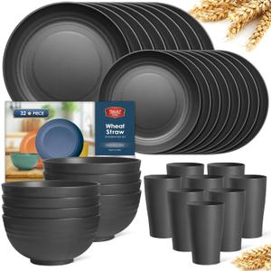 Teivio 32-Piece Kitchen Plastic Wheat Straw Dinnerware Set, Service for 8, Unbreakable Modern Dish Set - Dinner Plate/Dessert Plate/Cereal Bowl/Cup, for Apartment Essentials, Outdoor Camping,Black