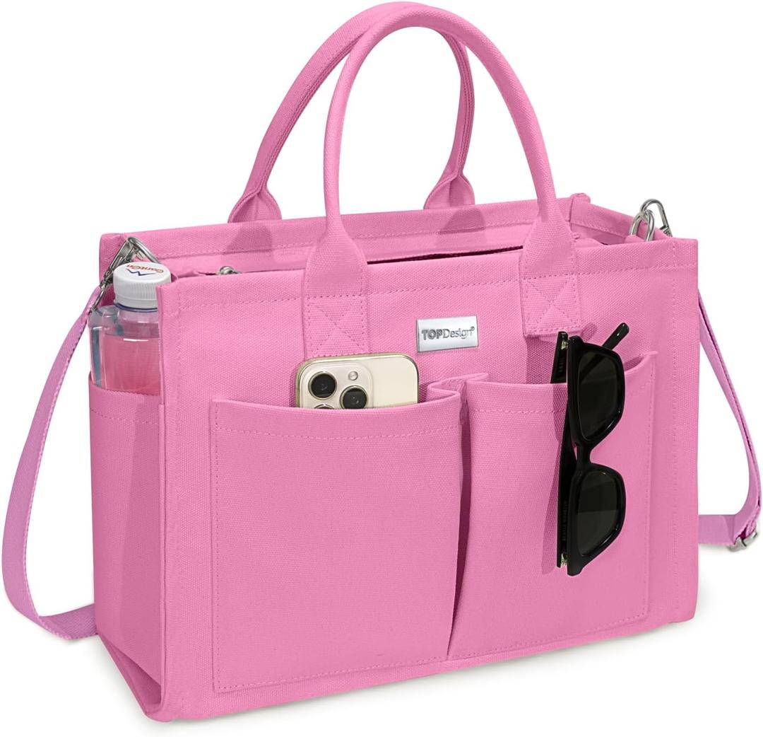 TOPDesign Heavy-Duty Canvas Tote Bag for Women, Adjustable Crossbody/Shoulder Handbag with 9 Pockets, Everything Tote (Light Pink)