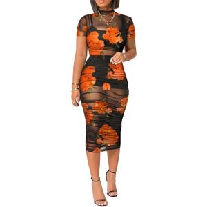 Mojessy Sheer Dress for Women Sexy Short Sleeve Ruched Mesh Bodycon Dress Adjustable Strap Top Mini Skirt 3 Piece Outfits Set (Large, Orange)