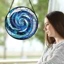 CRISGIF Stained Glass Window Hanging - Blue Abstract Swirl Suncatcher for Doors Garden Patio Unique Sun Catchers Decor Christmas Mother's Day Birthday Gifts for Women Men Mom Nana Friend 15 in