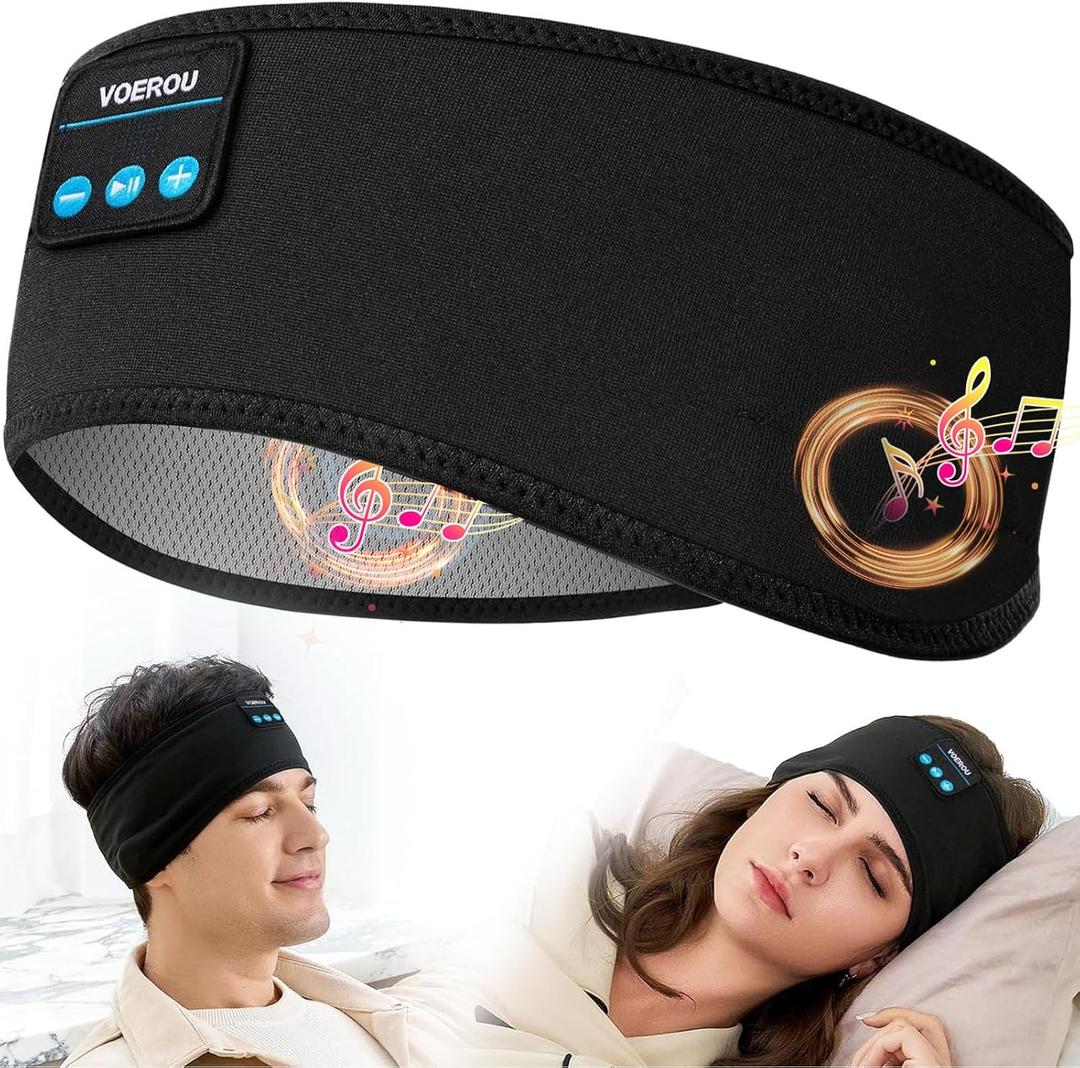 Voerou Sleeping Headphones Bluetooth 5.4 Headband, Wireless Music Eye Mask with HD Stereo Speakers, Headband Headphones for Side Sleepers, Christmas Cool Tech Gadgets Gifts for Men Women Teen Boys (Dark Black & White)