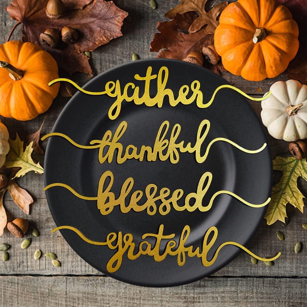 Thanksgiving Cutout Wood Table Place Card Thankful Grateful Blessed Gather Wood Word Table Decorations Fall Themed Thanksgiving Party Table Home Supplies (Gold, 8)