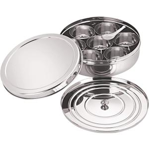 Stainless Steel Masala Dabba  8x8 inch Indian Spice Box with 7 Compartments for Kitchen Storage