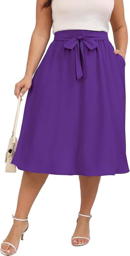 Xpenyo Womens Plus Size Midi Skirts Summer Elastic High Waisted Boho Casual Beach Flowy Swing Knee Length Skirts with Pockets (Purple, XXXL)