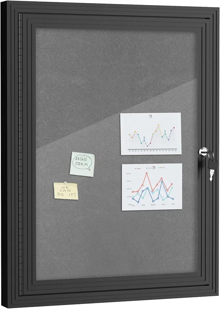 Mifuro 26"x20" Enclosed Bulletin Board, Outdoor Lockable Weather-Resistant Aluminum Cork Noticeboard for School & Office, Black Frame w/Grey Flet