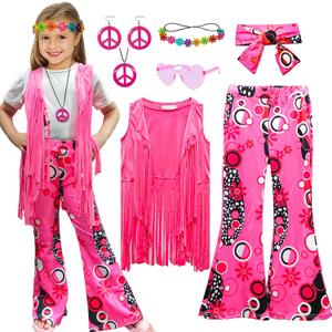 8 Pcs Girls Kids 60s 70s Hippie Costume Disco Outfits Fringe Vest Boho Bell Bottoms Hippie Outfits Accessories Set, Pink (Large,9-10 Years)