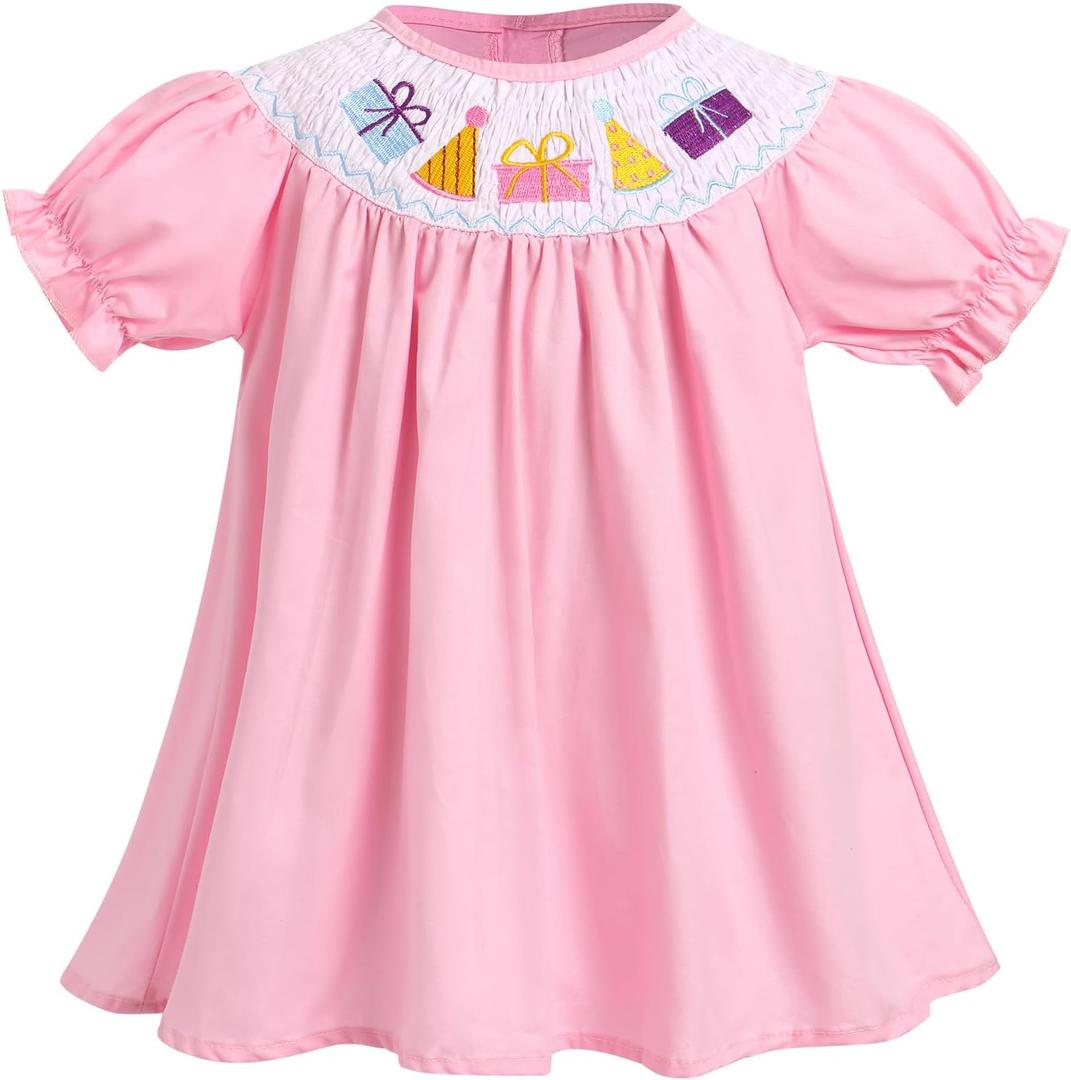 ODASDO Baby Girls Toddler Kids Smocked Bishop Dress Embroidery Short Sleeve A-line Birthday Party Dresses Summer Clothes (Pink)