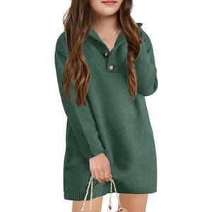 Meikulo Girls Sweater Dress Long Sleeve Knitted Button Up Dress Kids Pullover Fall Dresses 5-14 Years (Green)