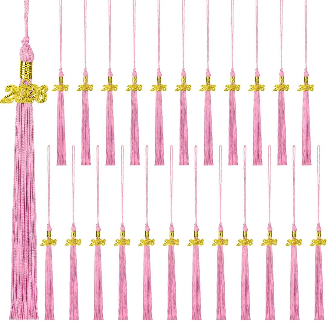 24 Pieces 2026 Graduation Tassel, Graduation Cap Tassels Decoration with 2026 Year Gold Date Charms, Grad Gifts for 2026 Year Grad Ceremonies Souvenir, Pink