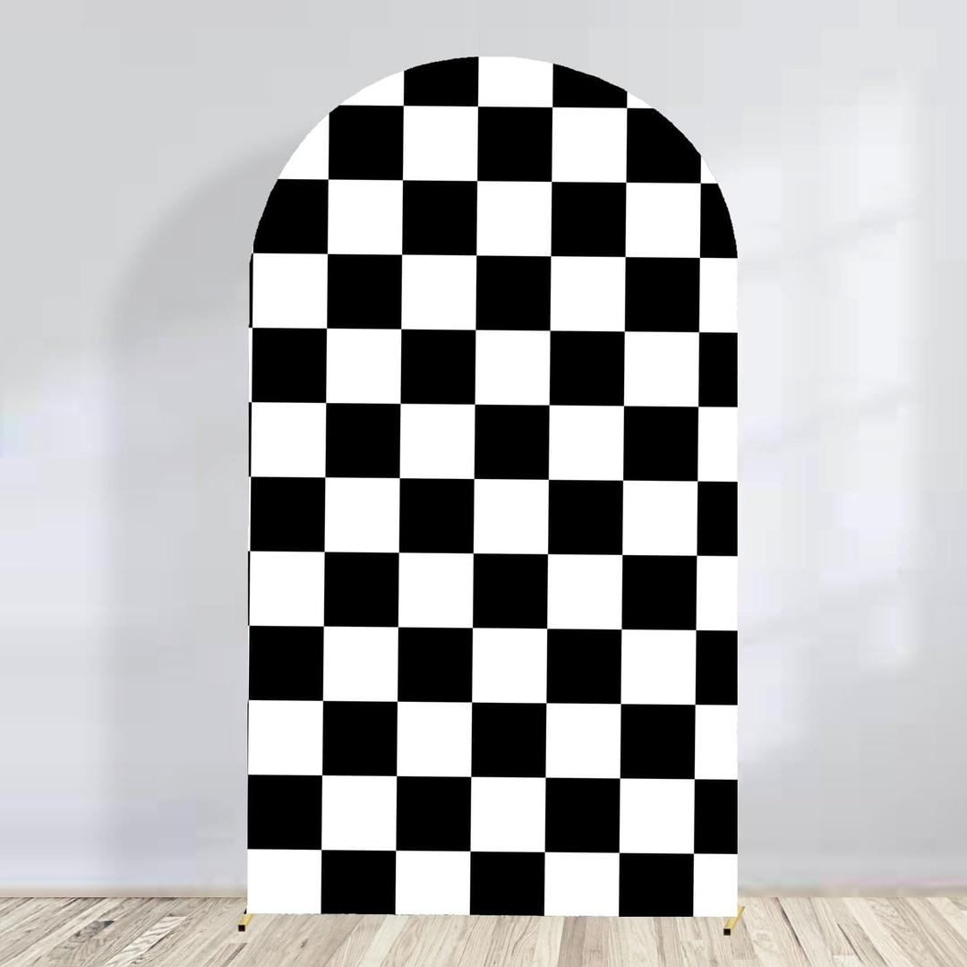 Arch Backdrop Covers Racing Checker Texture Black and White Chiara Arch Backdrop Cover for Baby Shower Birthday Party (6.6FT)