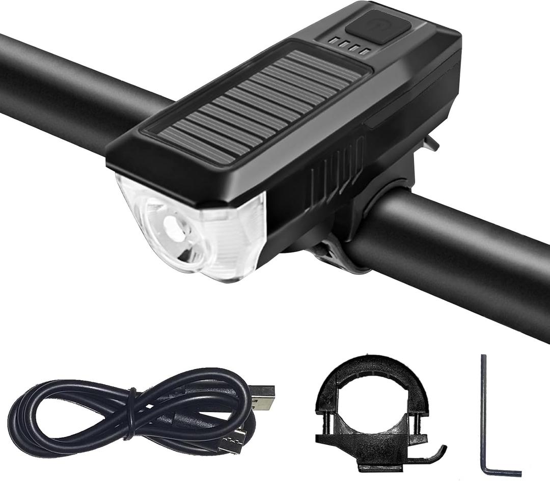 Ultra Bright Bike Light, IPX4 Water Resistant Bicycle Headlight, USB Rechargeable, 3 Light Modes, Solar Powered LED Bicycle Lights Front for Kid Women Men Road Cycling Safety (Medium)