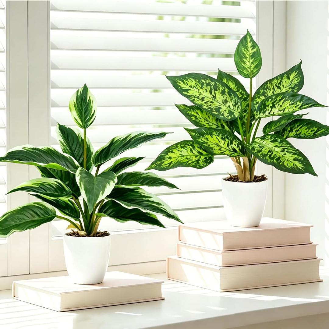 2 Pack Artificial Potted Plants, 16" Fake Plants Indoor in White Pots for Home Bathroom, Office Desk, Shelf - Realistic Faux Greenery Desk Plants for Living Room, Kitchen, Farmhouse Decor