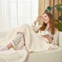 Snuggle Sac Cream Waffle Throw Blanket for Couch Bed Sofa 60x80 inches, Reversible Cream Blanket Microfiber Fluffy Fuzzy Cozy Knit Twin Blanket for Women Mothers Birthday Gifts, Waffle Cream