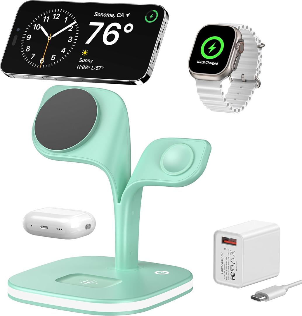 EXW Charging Station, Magnetic Wireless Charger, 5 in 1 Fast Mag-Safe Wireless Charger Stand for iPhone 16,15 14,13,12 Pro/Max/Mini/Plus, Apple Watch 9/8/7/6/SE/5/4/3/2 and Airpods 3/2/Pro/ProGreen