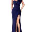 VFSHOW Womens Ruffle One Shoulder Strap Ruched Formal Prom Wedding Maxi Dress V Neck Elegant Split Cocktail Evening Long Gown (Solid Navy Blue, X-Large)