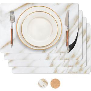 RIMONA'S Heat Resistant Marble Placemats Set of 4 - Waterproof, Heat Proof Table Protector, Non-Slip, Ideal for Gifting, Mother-in-Law Gift, White Marble Hard Placemats