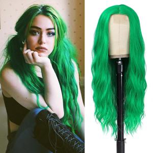 Green Wavy Wig - Long Natural Curly Synthetic Wig, 26 inch, Heat Resistant, Middle Part, For Daily Party Use
