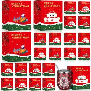 Windyun 48 Pcs Merry Christmas Gift Boxes for 12 oz Sublimation Glass Tumbler Cup Exhibition Packaging 4.7 x 4 x 4 Inch Santa Snowman Wrapping Boxes for Drinking Jars Can Display, Red White Green