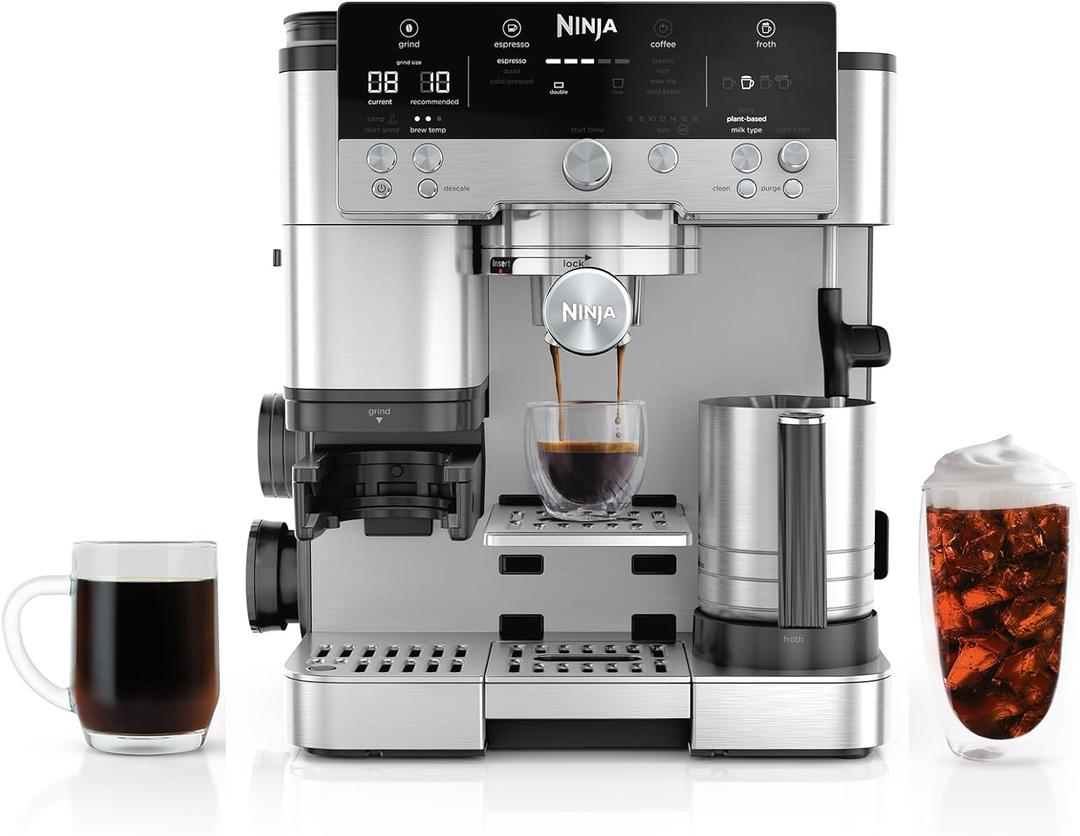 Ninja Luxe Caf Premier 3-in-1 Espresso Machine, Drip Coffee, & Rapid Cold Brew | Built-in Coffee Grinder, Hands-Free Milk Frother, Assisted Tamper for Cappuccinos & Lattes | Stainless Steel | ES601