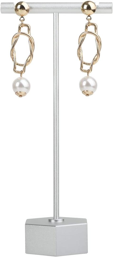 GemeShou Silver Metal Earring T Bar Stand, Single Small Earring Hanger Display, Retail Earring Holder for Show, Jewelry Earring Organizer for Online Store PhotographySilver-Hexagon Base Height 5.3" (High)