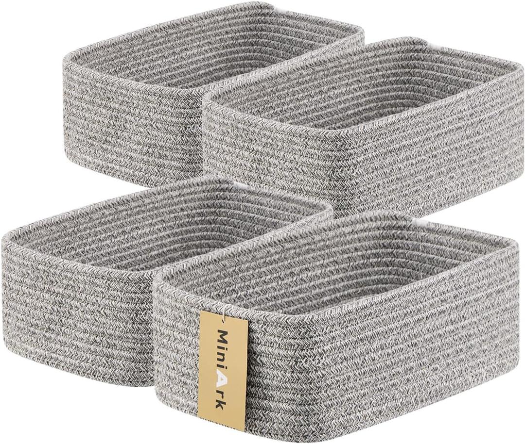 MiniArk Small Storage Baskets for Organizing | Closet Organizer Bins | Shelf Toy Basket | Woven Rope Baskets | Cube Decorative Box | Shallow Basket | 11.5x7.5x4.7 | 4 Packs Mixed Grey