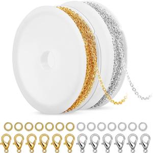 SANNIX 20 Feet Necklace Chains 1.8mm Jewelry Making Chains for Necklace Earring Bracelet Jewelry Making Supplies, Metal Chain Necklace with Lobster Clasps and Jump Rings for DIY Craft, Silver & Gold
