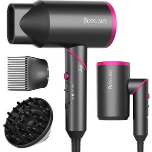 ANNLARY Hair Dryer with Comb | 1800W Blow Dryer with Diffuser for Curly Hair | Plasma Ionic Hairdryer for Frizz Control | Foldable & Protable Design for Travel | 6.5 ft ALCI Cord for Women and Men