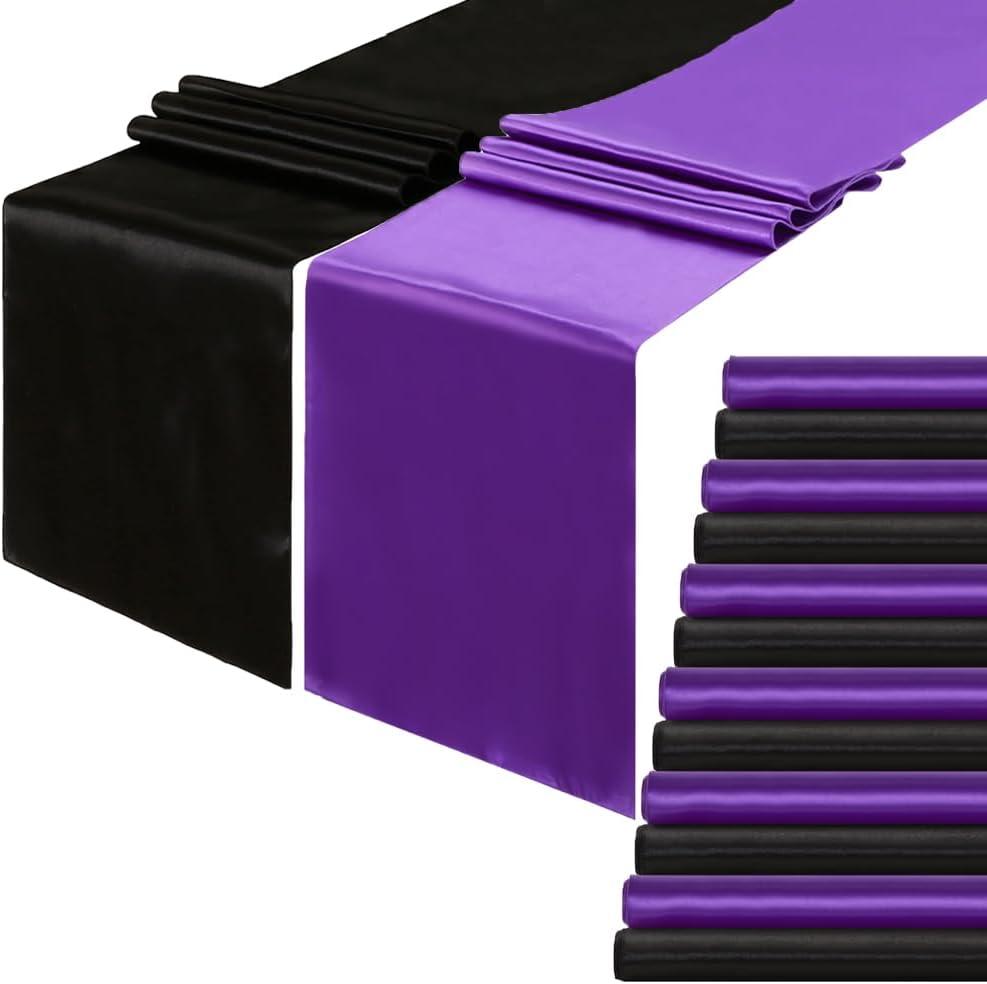 12 Pack Satin Table Runner Black, Purple Table Runners Long Bright Silk and Smooth Fabric 12 x 108 Inch for Wedding Party New Years Holiday Table Decoration