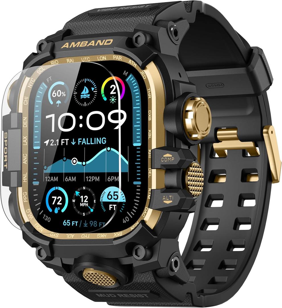 amBand Rugged Case with Band for Apple Watch Ultra 3/2/1 49mm, M3 Military Grade Shockproof Cover, Includes Screen Protector Kit, Tactical Band for Men - Compatible with iWatch Ultra, Black Gold amBand Rugged Case with Band for Apple Watch Ultra 3/2/1 49mm, M3 Military Grade Shockproof Cover, Includes Screen Protector Kit, Tactical Band for Men - Compatible with iWatch Ultra, Black Gold