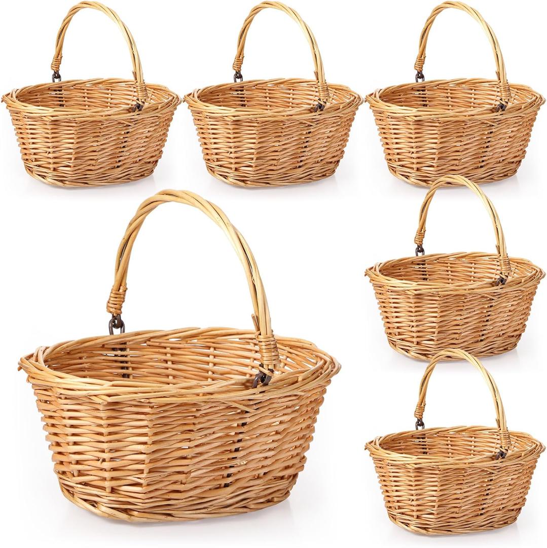 Barydat Set of 6 Small Wicker Picnic Basket with Handle Flower Girl Baskets Oval Willow Woven Braided Gift Basket for Weddings Baby Shower Summer Home Garden Decor(9" X 7" X 4",Khaki)