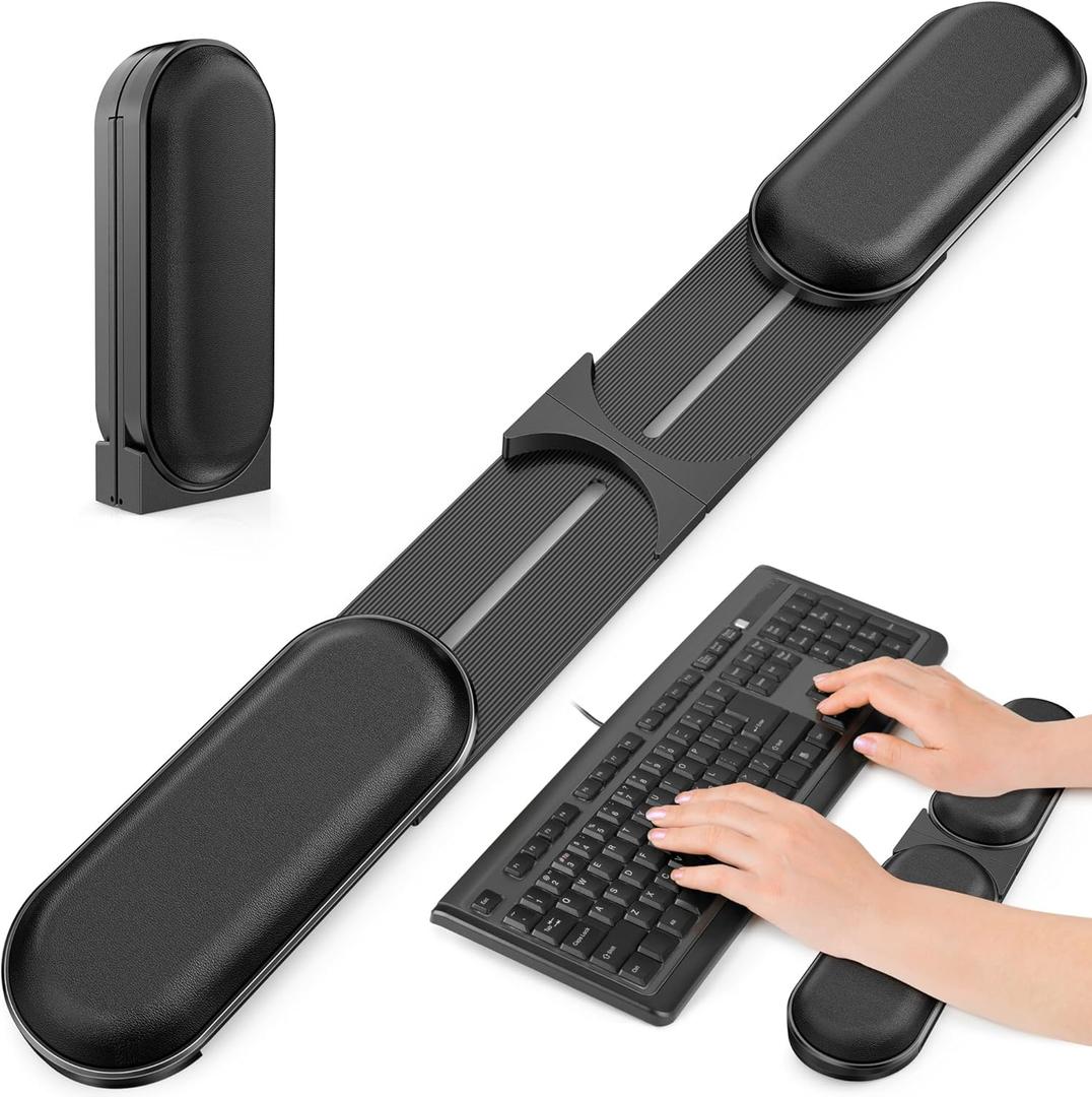 Adjustable Keyboard Wrist Rest, Extendable 16.57" to 25.17" Length & -30 to 30 Angle, Foldable Ergonomic Memory Foam Support for PC, Laptop, Gaming & Office, Waterproof PU Leather, Black