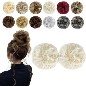 2 PCS Messy Bun Hair Piece Wavy Curly Scrunchies Synthetic Chignon Ponytail Hair Extensions Thick Updo Hairpieces for Women Girls(Platinum Blonde)