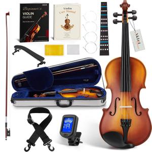 AKLOT Handcrafted Full Size Violin: 4/4 Solid Wood Fiddle, Acoustic Beginner Violin Kit with Hard Case, Lesson Book, Bow, Rosin, Shoulder Rest, Extra Strings, Tuner, Fretboard Stickers (VRT-AmiCS)