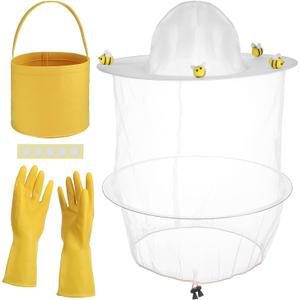 Jiuguva 13 Pcs Halloween Beekeeper Costume Set Includes Beekeeper Veil Hat 5 Pcs Wool Felt Bees 5 Pcs Round Double Sided Tape 1 Gloves 1 Pcs Yellow Felt Bucket for Bee Keeper Catcher Costumes Adult