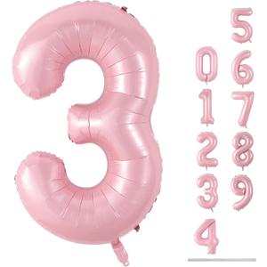 Pastel Pink Number 3 Balloon, 40 Inch Giant Pearl Light Pink Helium Foil Number 0-9 for Girls, Self Inflating 3rd Birthday Balloon for Women Anniversary Baby Shower Princess Party Decorations Supplies
