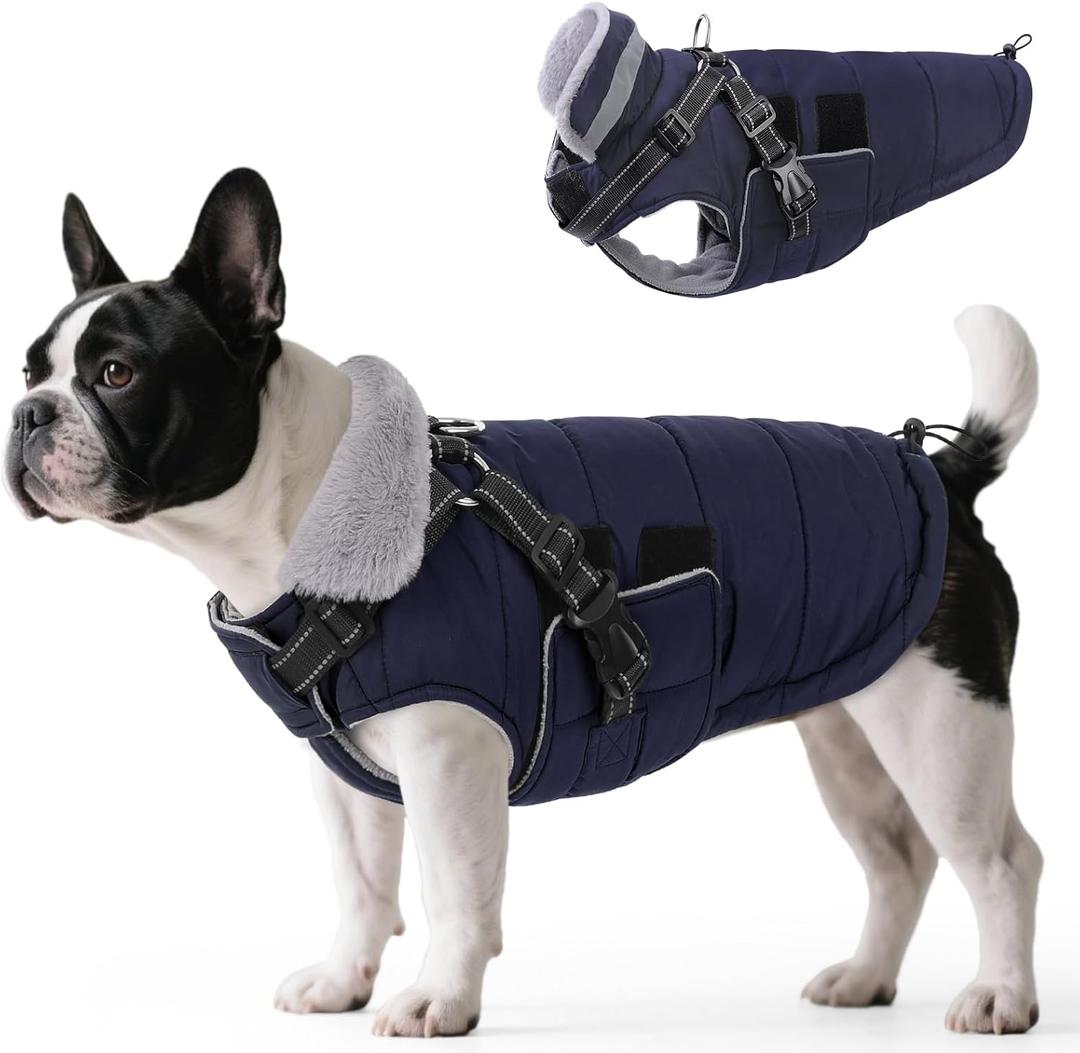 Queenmore Small Winter Dog Coat with Harness Built-in, Waterproof Winter Jackets for Small Dogs, Puppy Warm Puffer Jacket for Snow/Cold Weather - Fleece Reflective Easy On Hook & Loop Closure, Navy S