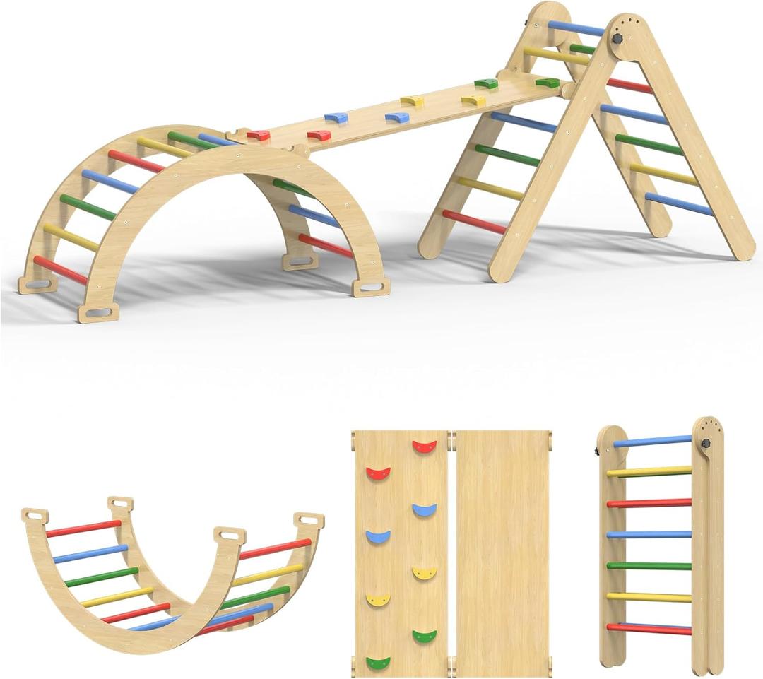 Pikler Triangle Set, 7 in 1 Foldable Climbing Toys Set for Kids, Baby Jungle Gym with Ramp & Arch, Wooden Montessori Climbing Set Indoor for Toddler (Colorful)