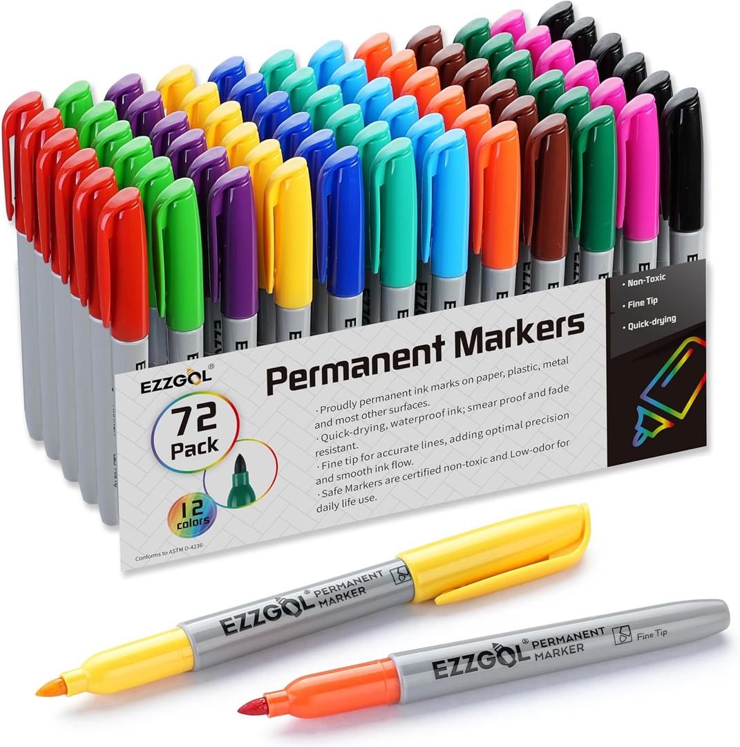 Permanent Markers Bulk, Permanent Marker Bulk Pack of 72, 12 Assorted Colors, Fine Point Permanent Markers For Adult Coloring as Office, School Supplies