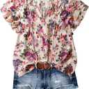 SOLY HUX Women's Plus Size Floral Blouse V Neck Ruffle Short Sleeve Vacation Summer Boho Tops (XL)
