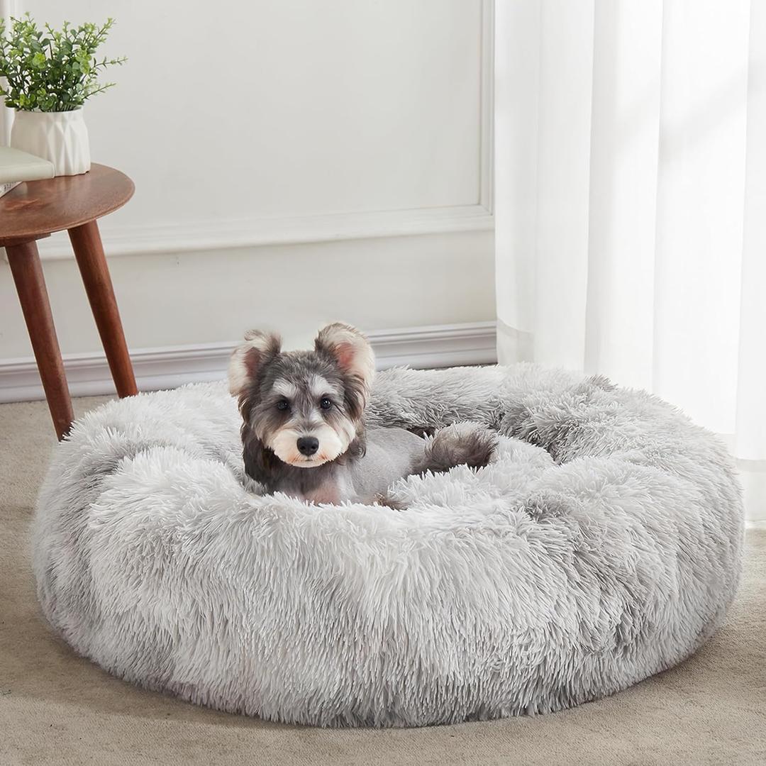 WESTERN HOME WH Calming Dog & Cat Bed, Anti-Anxiety Donut Cuddler Warming Cozy Soft Round Bed, Fluffy Faux Fur Plush Cushion Bed for Small Medium Dogs and Cats, White Grey, 24"L x 24"W x 7"Th