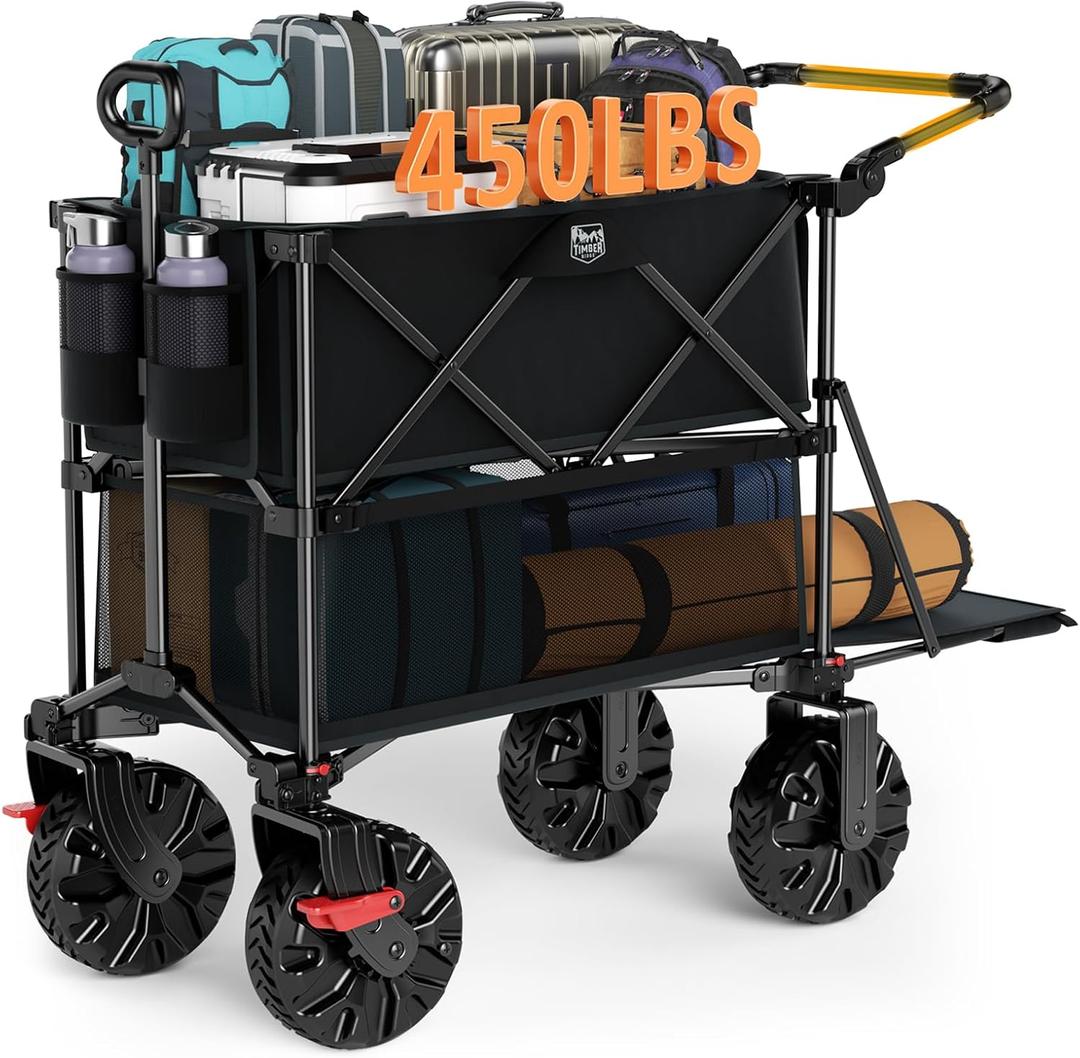 TIMBER RIDGE Push & Pull Double Decker Wagon, 400L Large Capacity Heavy Duty & 450lb Load, Collapsible Cart with All-Terrain Wheels & Brakes, 54” Extended Foldable for Sports, Beach, Camping, Black