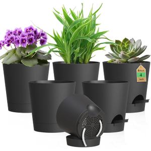 WSMKSZ 4 inch Self Watering Pots for Indoor Outdoor Plants, 6 Pack Plastic Flower Planters with Drainage Holes and Removable Saucers, Plant Pots with Wicking Rope, Modern Decor, Black