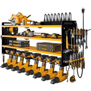 NattyDot Power Tool Organizer Wall Mount with Charging Station, 8 Drill Holder, 4 Layer Storage Rack for Garage Organization, Tool Holder with 8 Outlet Power Strip (Yellow)