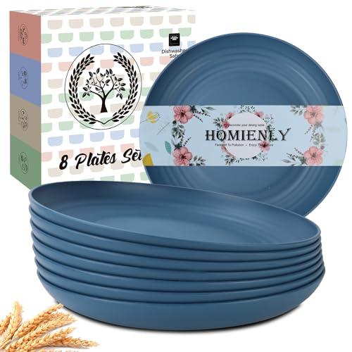 Homienly Dinner Plates Set, Alternative to Plastic Plates,Wheat Straw Plate Set of 8,Lightweight Microwave and Dishwasher Safe Plate,Unbreakable Salad Plates for Kitchen, Camping (Blue,10 inch)