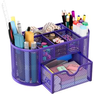 EasyPAG Mesh Pen Holder Desk Organizer with Drawer Stationery Supplies Organizer for Dorm School 9 Compartments Workspace Desk Accessories Organization for Office, Purple